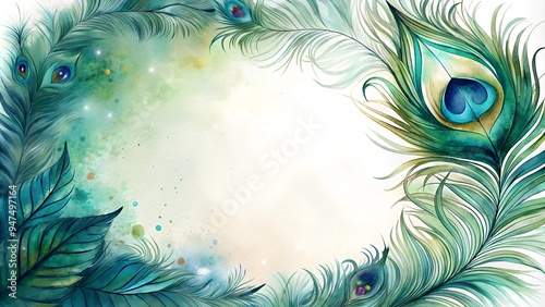 Artistic Peacock Feather Border in Watercolor, Vibrant Greens and Blues, Copy Space