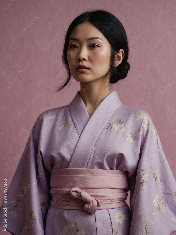 Woman in lavender kimono with serene expression
Woman in lavender kimono with serene expression