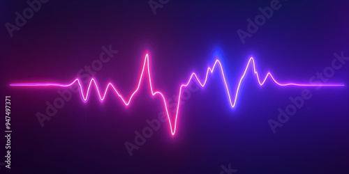 Vibrant neon waveform pulse on purple background for music visualization, audio technology and electronic beat concepts