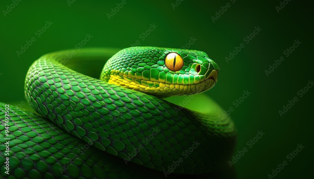 A vibrant green snake coils elegantly, showcasing its striking colors and captivating gaze in a lush natural setting. A vibrant green snake coils elegantly, showcasing its striking colors and captivating gaze in a lush natural setting.