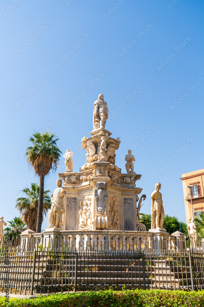 Fototapeta premium Palermo, Sicily, Italy. Teatro Marmoreo is a monument in honor of Philip IV of Habsburg, King of Spain and Sicily in the Baroque style in the city of Palermo, erected in 1662. Sunny summer day