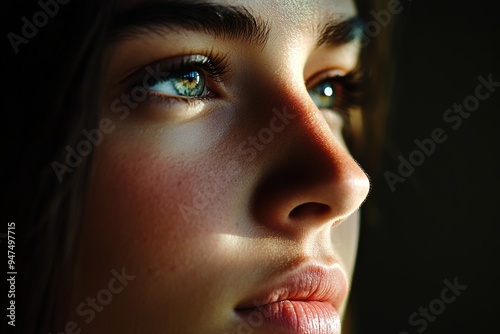 Close-up portrait of woman with striking green eyes