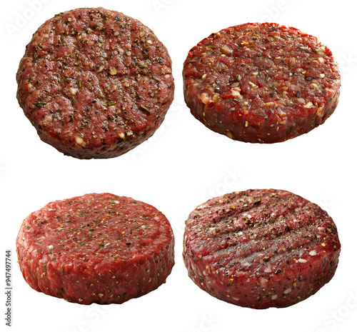 Assorted raw and grilled burger patties isolated on transparent background photo