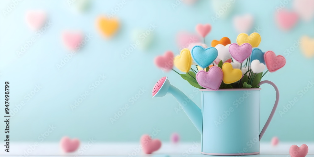 Colorful heart-shaped flowers in blue watering can on pastel background. Valentine's Day designs, love-themed social media posts and romantic greeting card concepts with copy space Colorful heart-shaped flowers in blue watering can on pastel background. Valentine's Day designs, love-themed social media posts and romantic greeting card concepts with copy space