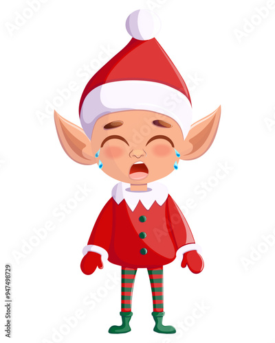 A sad cartoon Christmas elf with a gift, dressed in a red outfit, Santa hat and green shoes. The concept of a postcard, invitation, gift.