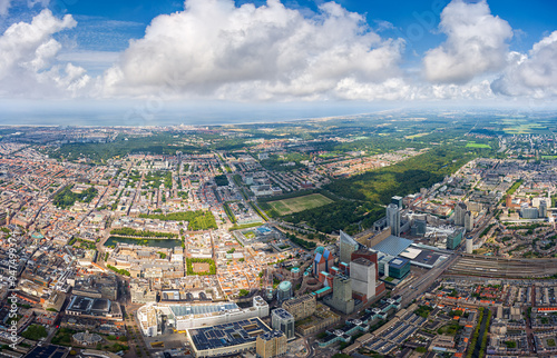 The Hague, Netherlands. Panorama of the summer city in clouds weather. HEAD OVER SHOT. Aerial view