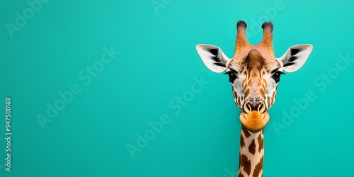 Friendly giraffe portrait on turquoise background with copy space. Children's educational materials, nature documentaries and creative wildlife-inspired marketing concepts photo