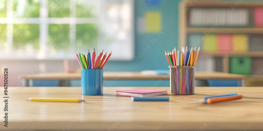 School desk with school accessories on a blurred school background