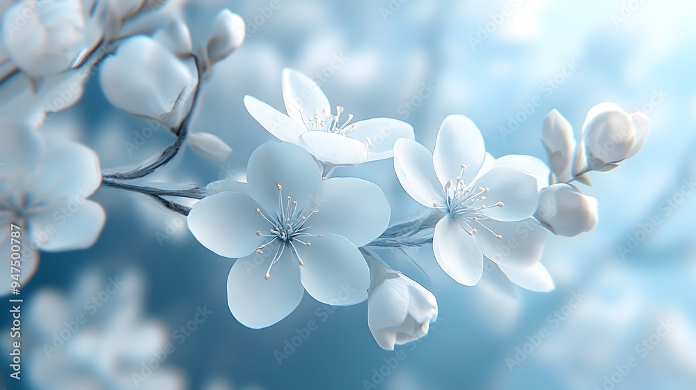 Soft White Blossoms Contrasting with Cool Blue Tones in Soothing 3D Render Soft White Blossoms Contrasting with Cool Blue Tones in Soothing 3D Render