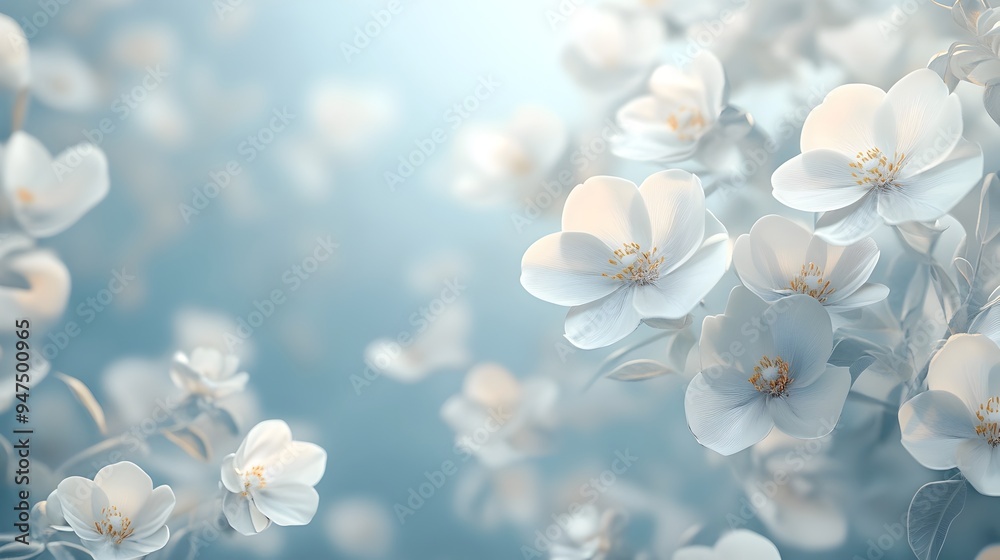 Ethereal White Flowers Blooming on Pastel Blue Textured Background Ethereal White Flowers Blooming on Pastel Blue Textured Background
