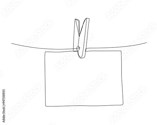 Piece of paper hanging on rope with clothespin, one continuous line drawing. Empty frame in outline doodle style