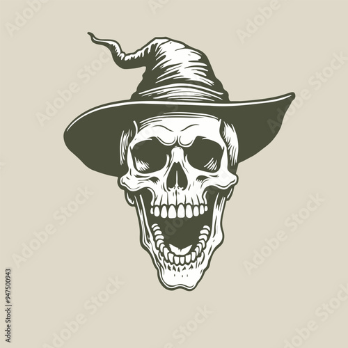 Horror Skull with Witch Hat - Black and White Hand-Drawn Vector