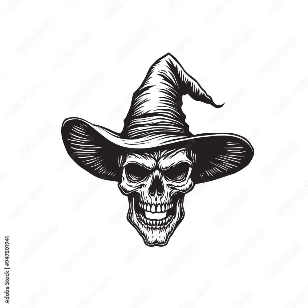 Fototapeta premium Black and White Skull with Witch Hat - Engraved Hand-Drawn Vector