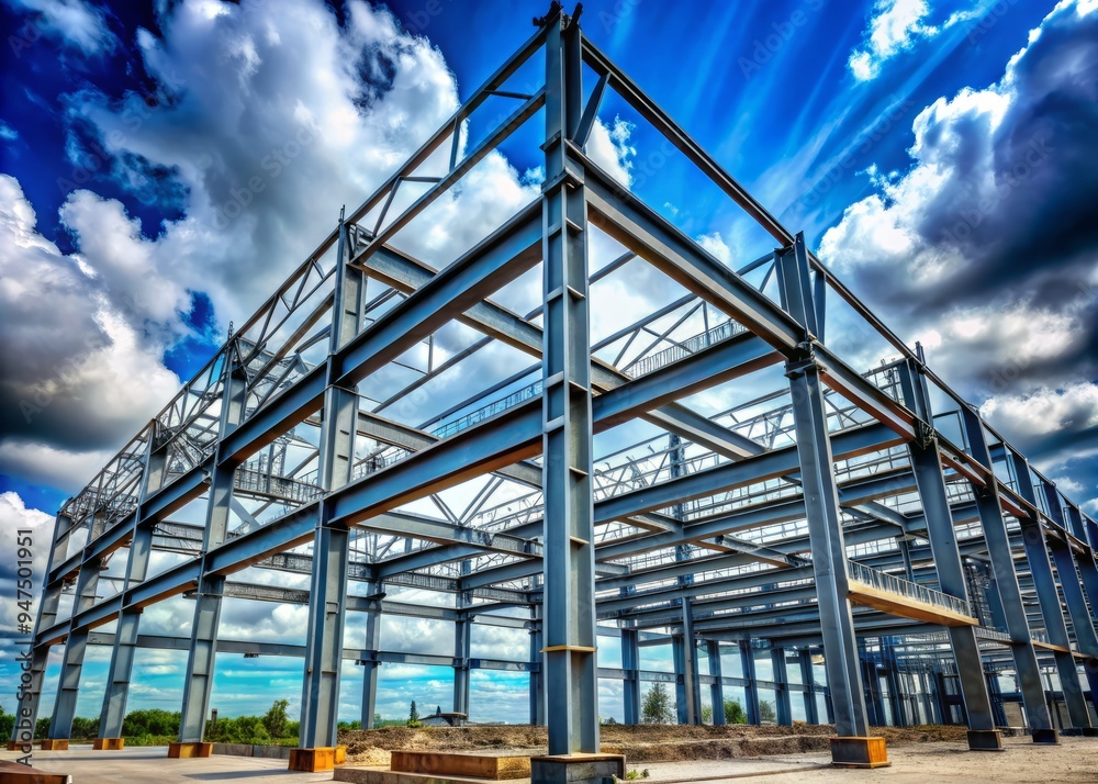 Towering steel girders intersect, creating a canvas of modern architecture against the soft gray backdrop of the cloudy sky. Towering steel girders intersect, creating a canvas of modern architecture against the soft gray backdrop of the cloudy sky.