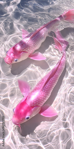 An unusual pink fish of the cyprinid family swims underwater in a transparent marine lagoon on a white sandy bottom on a sunny bright hot summer day photo