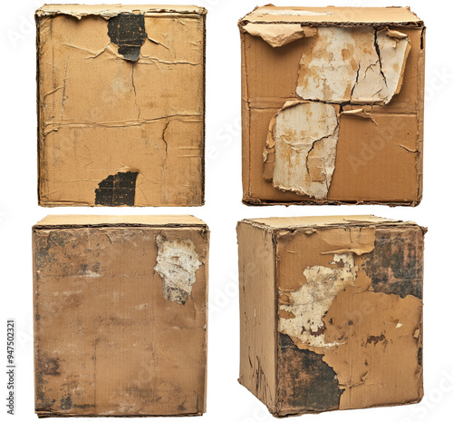 Old worn and damaged cardboard boxes isolated on transparent background photo