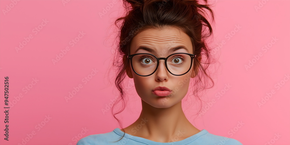 Fototapeta premium Young woman with messy bun and oversized glasses against soft pink backdrop. Nerdy chic with feminine style