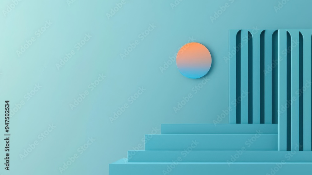 Obraz premium Stylized Acropolis with a blue sun rising, ancient Greek ruins with modern minimalist design, striking blue