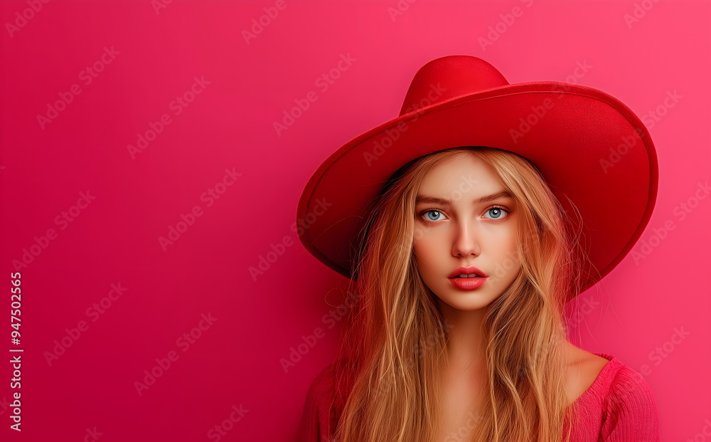 Elegant young woman in red wide-brimmed hat against gradient pink background. Bold fashion and timeless beauty Elegant young woman in red wide-brimmed hat against gradient pink background. Bold fashion and timeless beauty