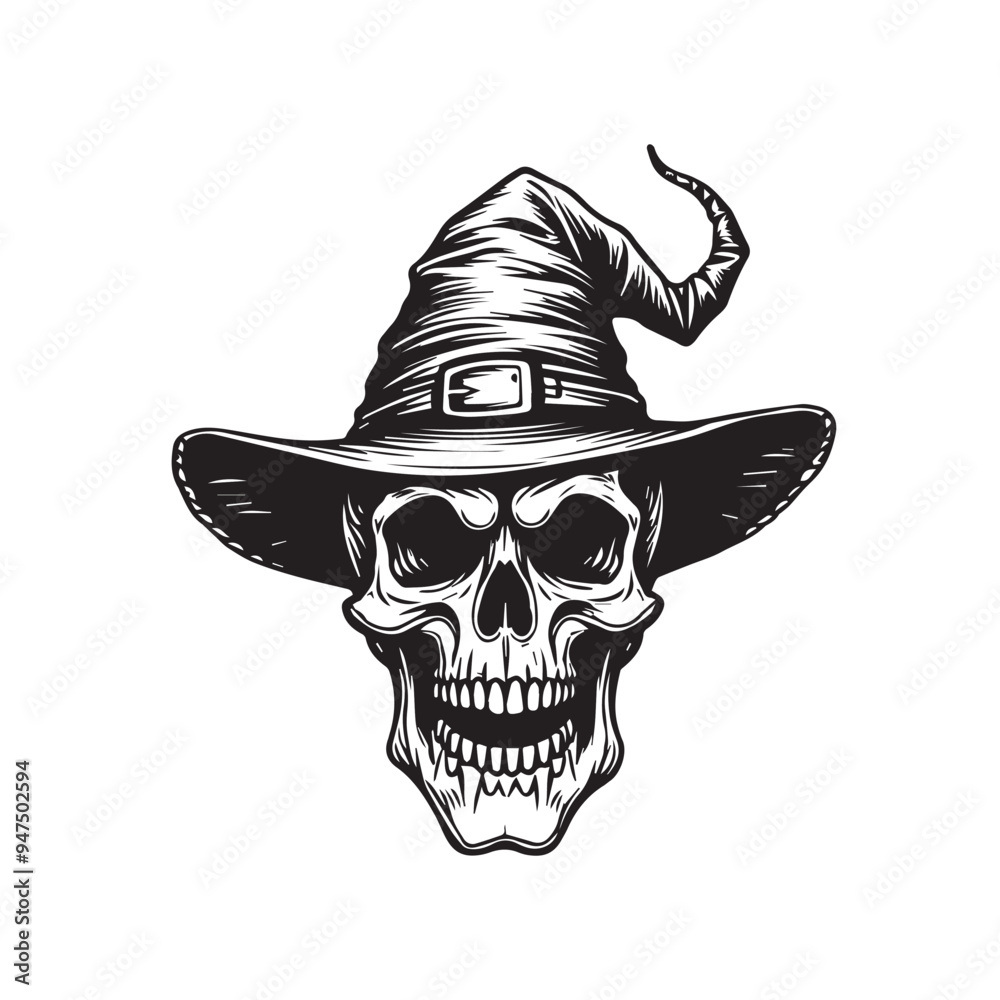 Horror Skull with Witch Hat - Hand-Drawn Black and White Vector Art Horror Skull with Witch Hat - Hand-Drawn Black and White Vector Art