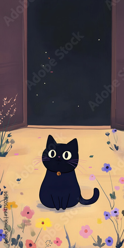 A cute little kitten is in the night. The theme of the Halloween night. autumn