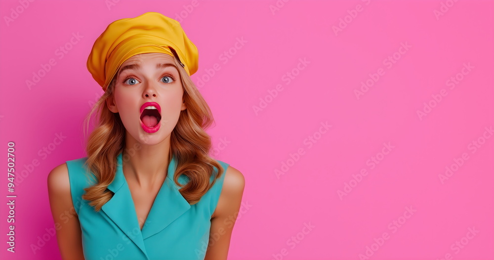 Surprised young woman in yellow beret and turquoise top against pink background. Fashion and expressive emotion Surprised young woman in yellow beret and turquoise top against pink background. Fashion and expressive emotion