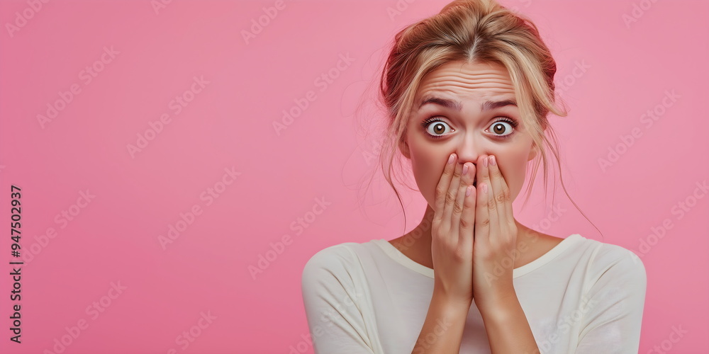 Astonished blonde woman covering mouth with hands against pink background. Genuine surprise and emotional intensity Astonished blonde woman covering mouth with hands against pink background. Genuine surprise and emotional intensity