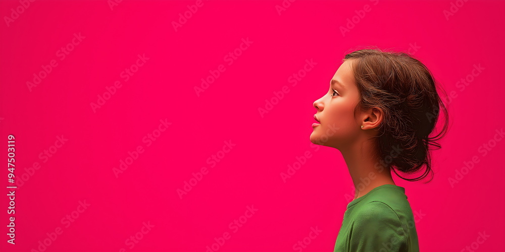 Profile of young girl with brown hair in green shirt against bright pink backdrop. Childhood innocence and contemplation Profile of young girl with brown hair in green shirt against bright pink backdrop. Childhood innocence and contemplation