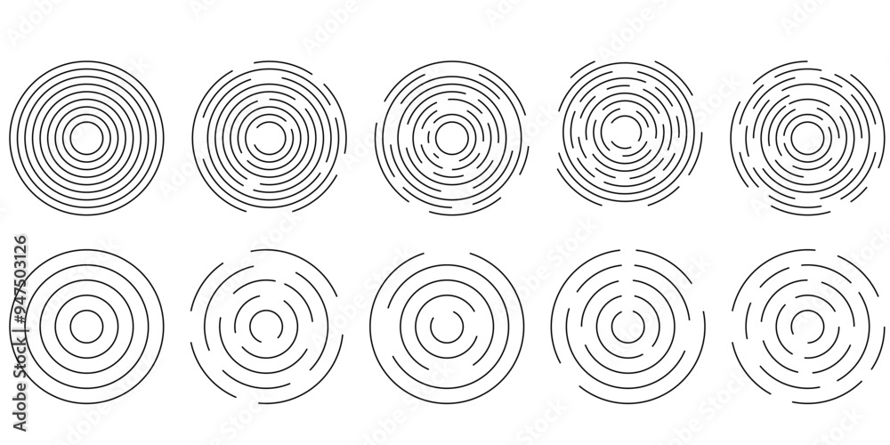 Set of circular ripple icons. Concentric circles with broken lines isolated on white background. Vortex, sonar wave, soundwave, sunburst, signal signs. Vector graphic illustration Set of circular ripple icons. Concentric circles with broken lines isolated on white background. Vortex, sonar wave, soundwave, sunburst, signal signs. Vector graphic illustration