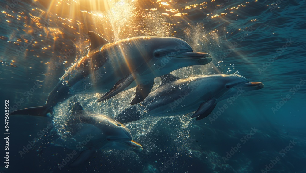 Fototapeta premium Three Dolphins Swimming in Sunlight.
