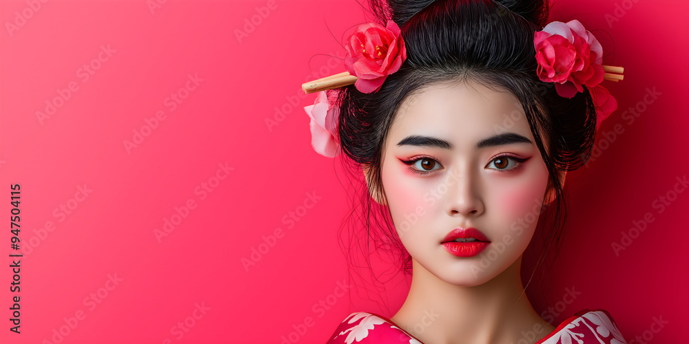 Naklejka premium Young woman in traditional Asian-inspired makeup and hairstyle with floral accessories against red background. Cultural elements with modern beauty. Banner with copy space