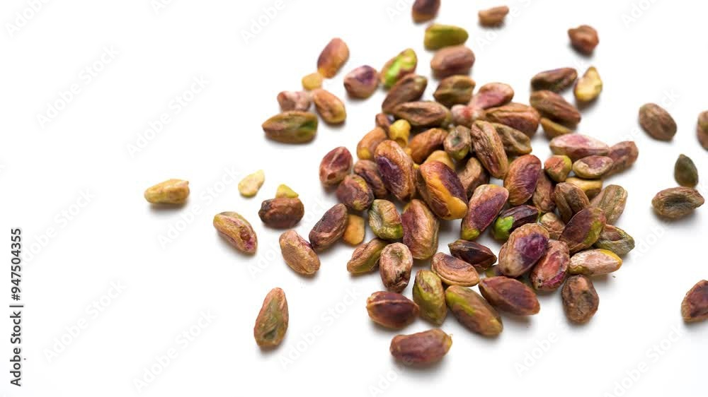 Fresh pistachio nuts slide view on white table background Fresh pistachio nuts slide view on white table background