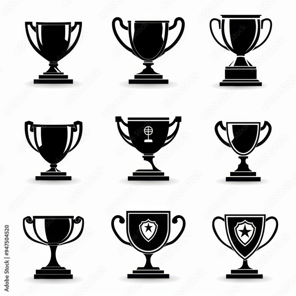 Trophy cups, golden goblet, silver reward, champion bowls. Contest winner award collection, prize cup Trophy cups, golden goblet, silver reward, champion bowls. Contest winner award collection, prize cup