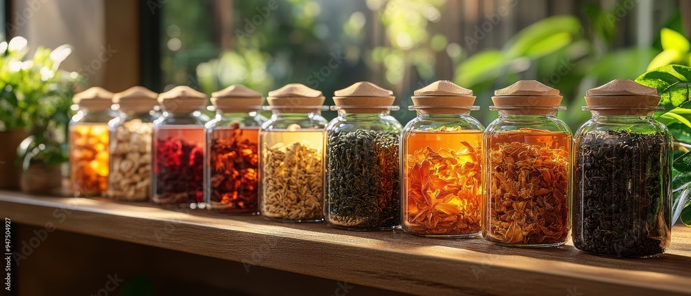 A vibrant collection of dried herbs and teas in glass jars displayed on a sunlit wooden shelf, perfect for natural remedies, tea enthusiasts, and home decor. A vibrant collection of dried herbs and teas in glass jars displayed on a sunlit wooden shelf, perfect for natural remedies, tea enthusiasts, and home decor.