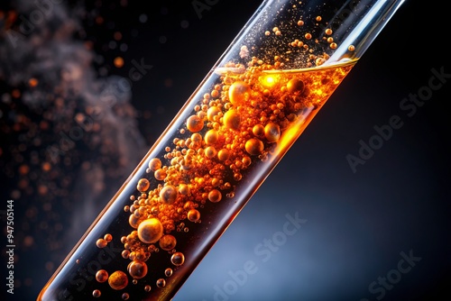 Erupting in a burst of vibrant orange, the chemical liquid froths and churns within a test tube, illuminated only by the faint glow of a nearby laboratory. photo