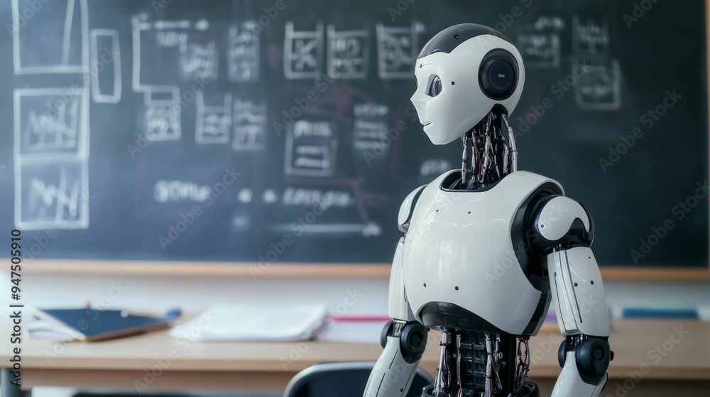 Humanoid robots teach in a classroom with a blackboard in the background, artificial intelligence in education, and future teaching and learning technologies Humanoid robots teach in a classroom with a blackboard in the background, artificial intelligence in education, and future teaching and learning technologies