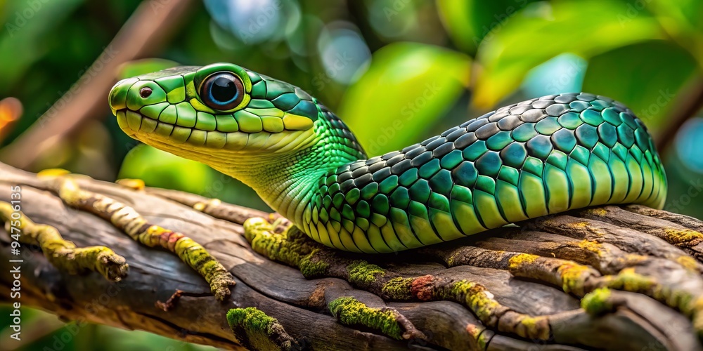 Fototapeta premium A boomslang's intent gaze meets the camera's lens, its forked tongue darting in and out as it surveys its surroundings with calculating eyes.