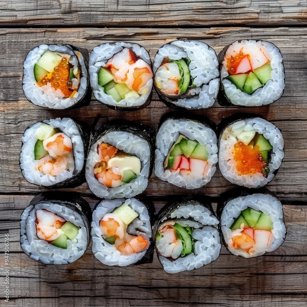 Uramaki Sushi Rolls with Shrimps, Eel, Salmon and Cucumber Outside on Natural Wooden Background