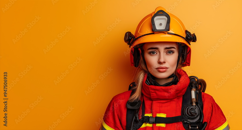 Female firefighter in protective gear against orange background for emergency services and professional occupation concept. Banner with copy space Female firefighter in protective gear against orange background for emergency services and professional occupation concept. Banner with copy space