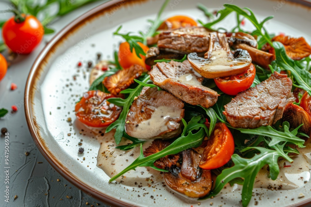 Veal and porcini salad. Warm salat with mushrooms in cream sauce, roasted meat beef fillet, cherry Veal and porcini salad. Warm salat with mushrooms in cream sauce, roasted meat beef fillet, cherry