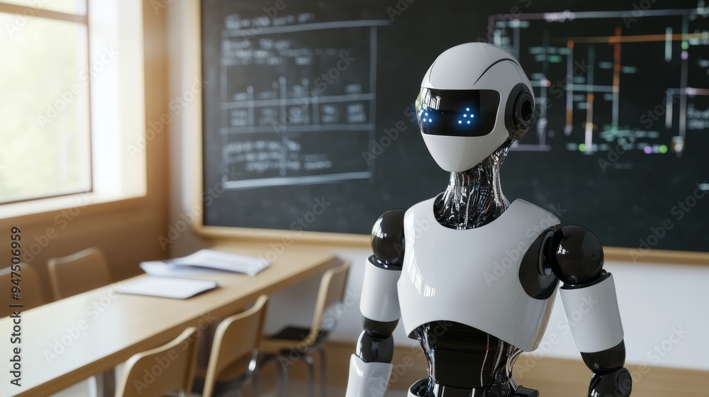 Humanoid robots teach in a classroom with a blackboard in the background, artificial intelligence in education, and future teaching and learning technologies Humanoid robots teach in a classroom with a blackboard in the background, artificial intelligence in education, and future teaching and learning technologies