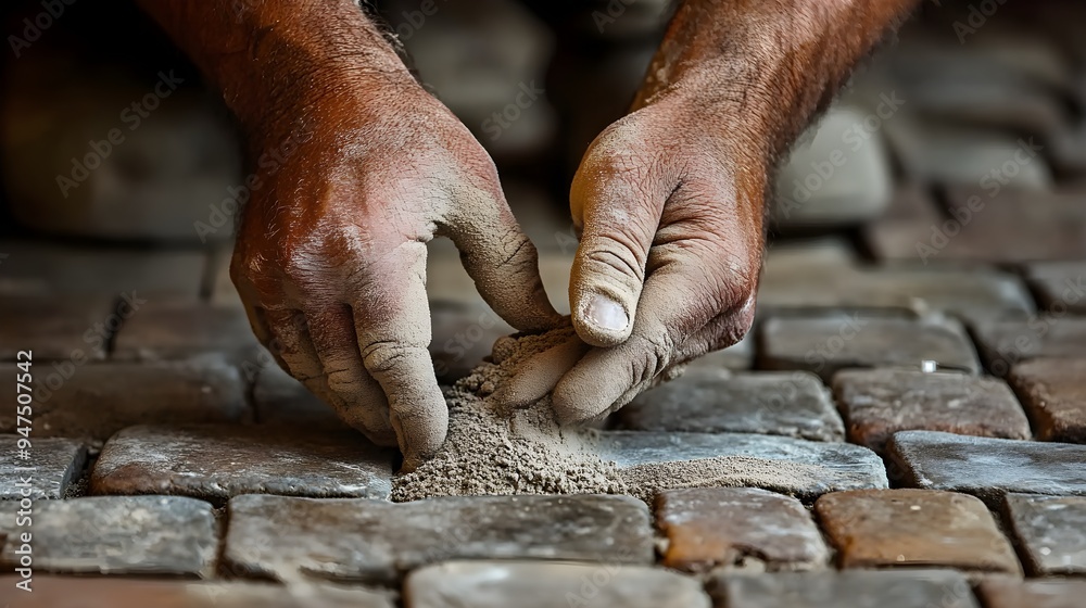A craftsman's hands sweeping fine sand into cobblestone joints, focusing on the intricate process of stabilizing the stones, earthy tones and precise details A craftsman's hands sweeping fine sand into cobblestone joints, focusing on the intricate process of stabilizing the stones, earthy tones and precise details