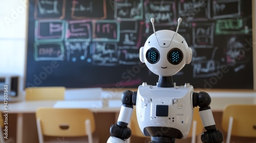 Humanoid robots teach in a classroom with a blackboard in the background, artificial intelligence in education, and future teaching and learning technologies