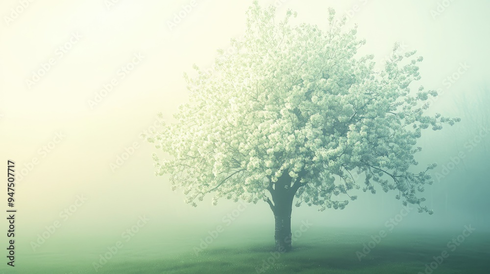 Soft-focus spring blossom tree in morning mist Soft-focus spring blossom tree in morning mist