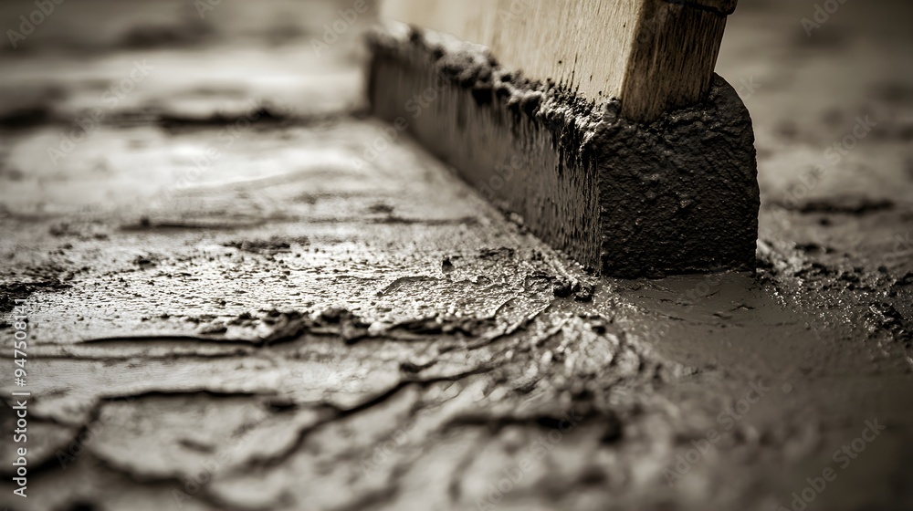 Fototapeta premium A screed board being pulled across a sandy surface, leaving behind a smooth, even layer, Minimalistic, Monochromatic tones, Focus on texture, Close-up