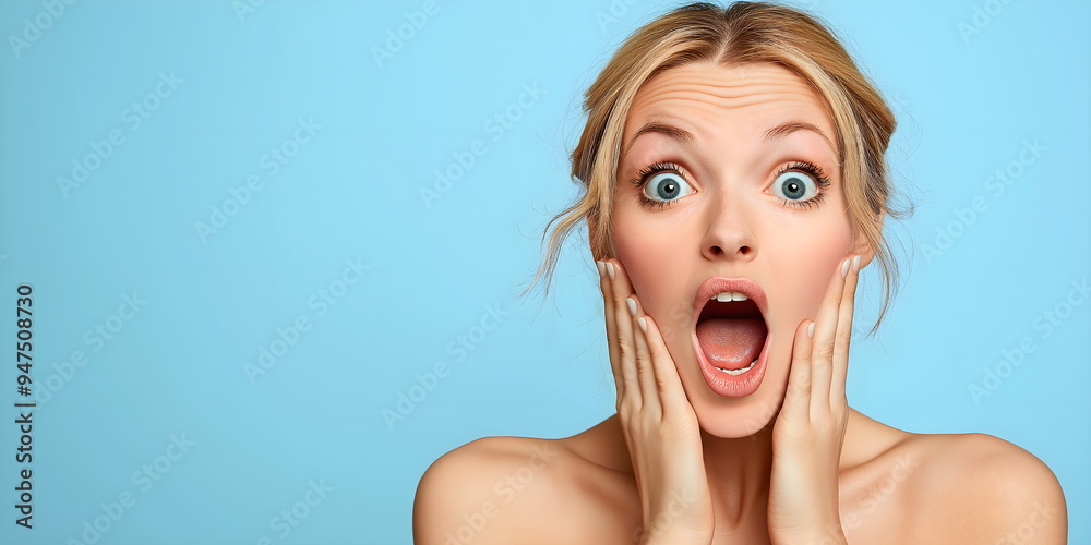 Banner with Shocked Young Woman with Blonde Hair on Blue Background. Surprise or Amazement Concept. Place for text Banner with Shocked Young Woman with Blonde Hair on Blue Background. Surprise or Amazement Concept. Place for text