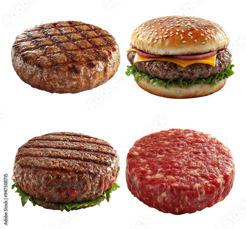 Grilled and raw beef burger patties with buns isolated on transparent background