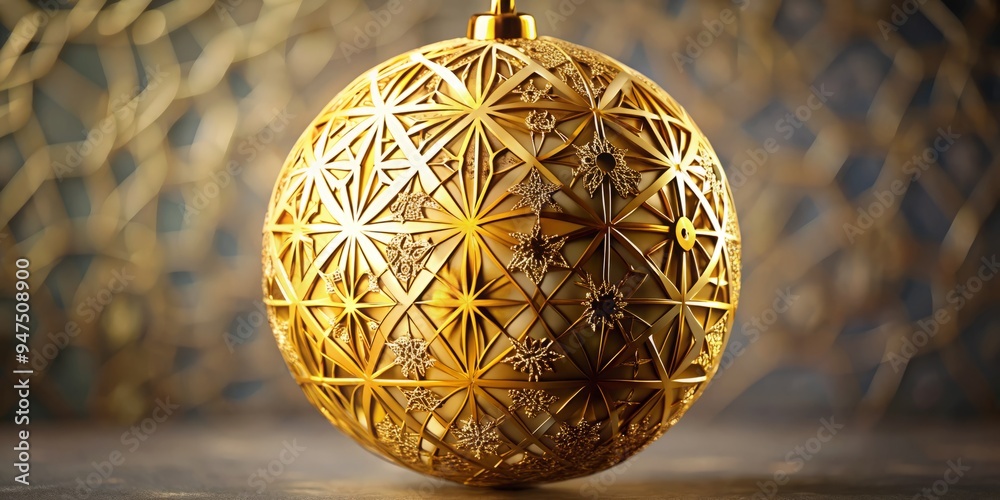 Obraz premium A beautifully designed round ornament boasts intricate geometric patterns in gleaming gold, adding a touch of sophistication to any holiday display or decor.