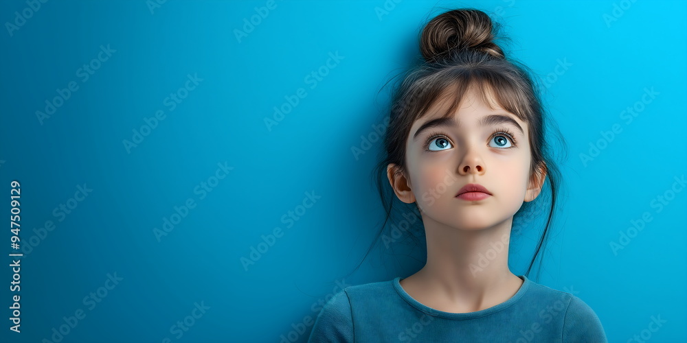 Banner with Curious Little Girl Looking Up on Blue Background. Child Wonder or Imagination Concept. Place for text Banner with Curious Little Girl Looking Up on Blue Background. Child Wonder or Imagination Concept. Place for text