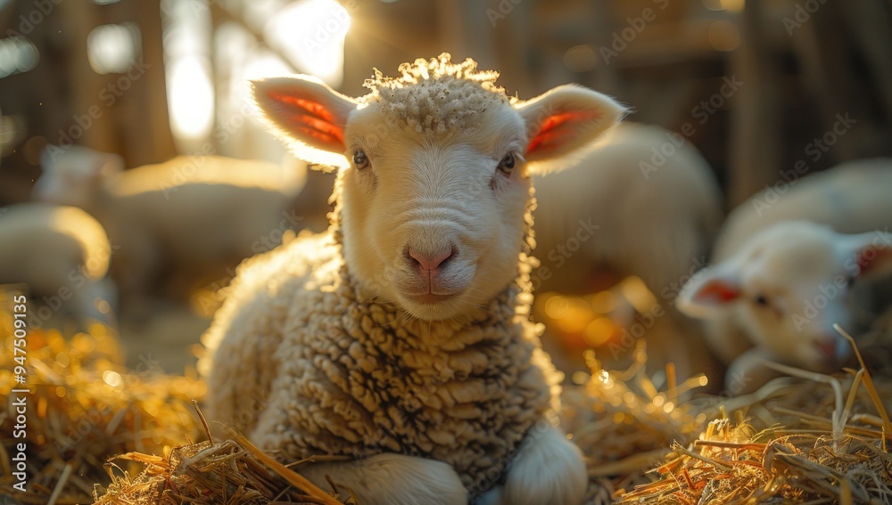 A close-up portrait of a cute lamb lying in a bed of hay. A close-up portrait of a cute lamb lying in a bed of hay.